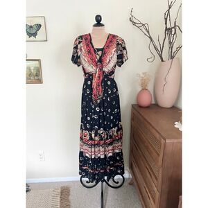 Vintage Carol Little Boho Western Tie Front Beaded Maxi Dress